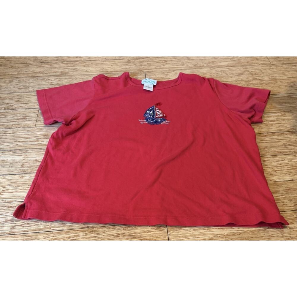 Womens Quacker Factory American Flag Boat T Tee Shirt Sz 3X Sequins Red